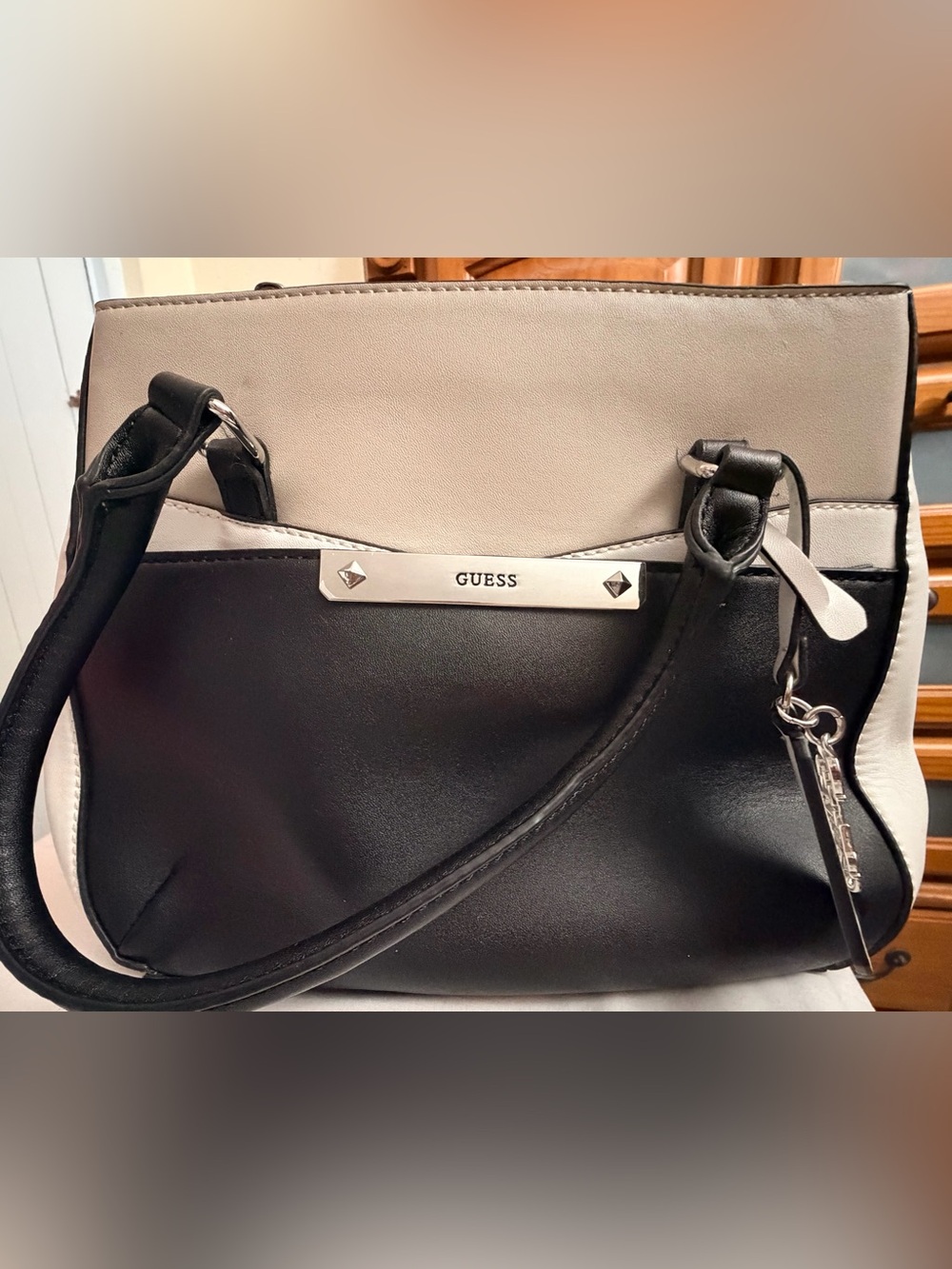 GUESS Black and White Two-Tone Logo Charm Shoulder Bag